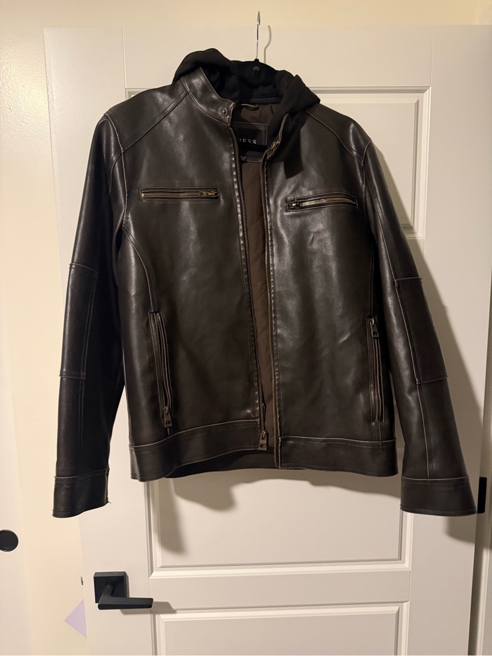 Guess Men's Dark Brown Leather Bomber Jacket with Hoodie Insert